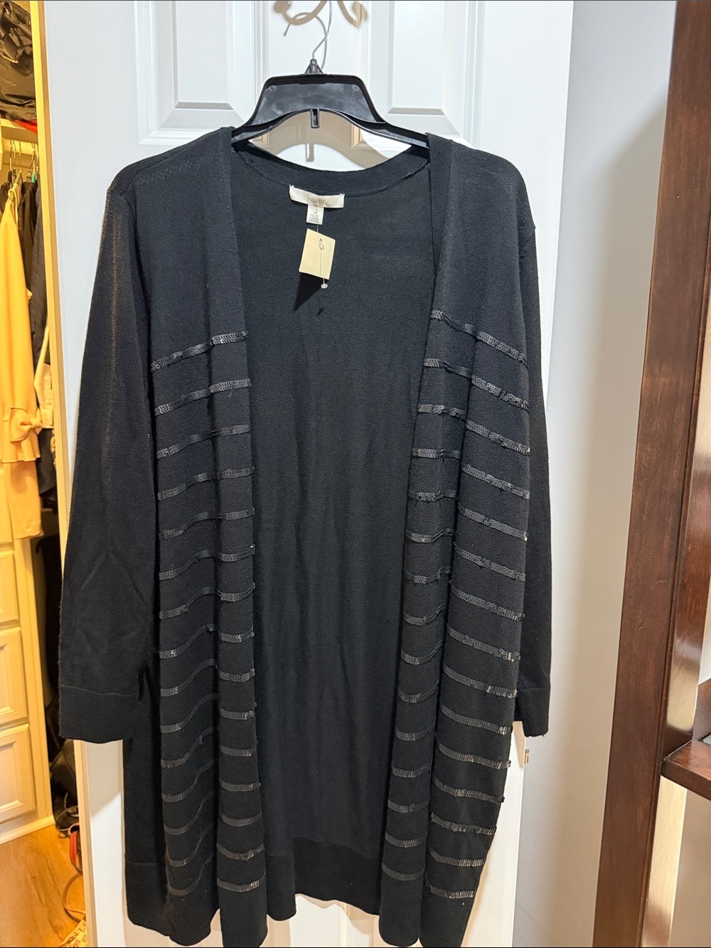 Sejour Black Open-Front Knit Cardigan with Subtle Stripe Detail